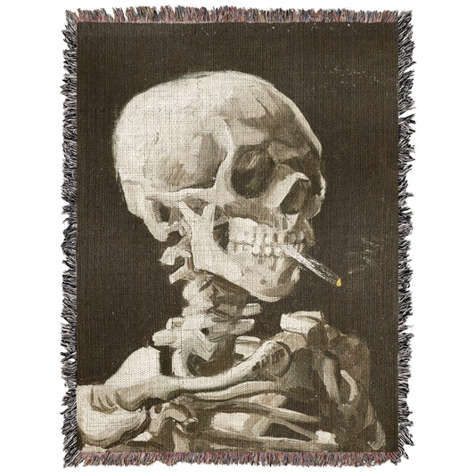 Killer Goods • Woven Blankets, Gifts, Home Decor - Vintage Van Gogh Smoking Skeleton Woven Throw Blanket: Small - 37" x 52"