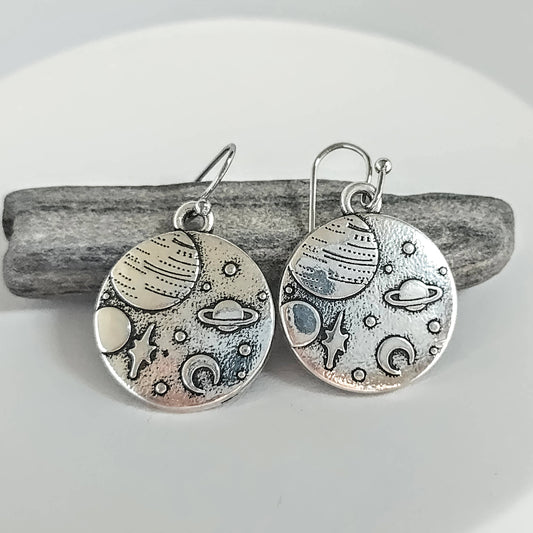 Piccadilly Pendants - Silver Planet Earrings, Space Earrings, Planetarium Earrings