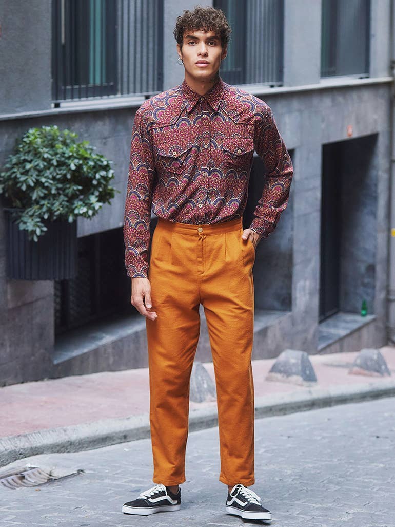 Boho Style High Waist Orange Cotton Pants for Men