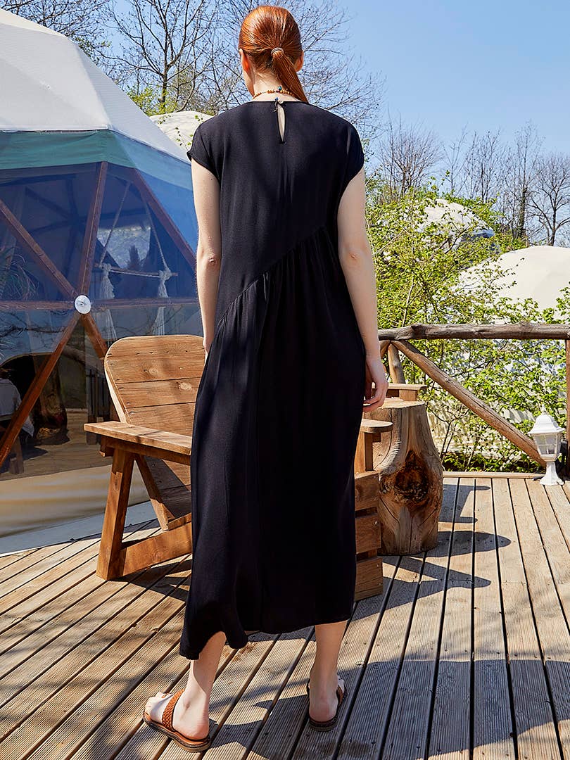 Boho Style Flared Long Slit Black Dress