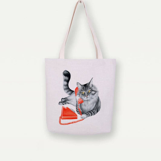 Study Room - Cat On The Phone Tote Bag, Handbag