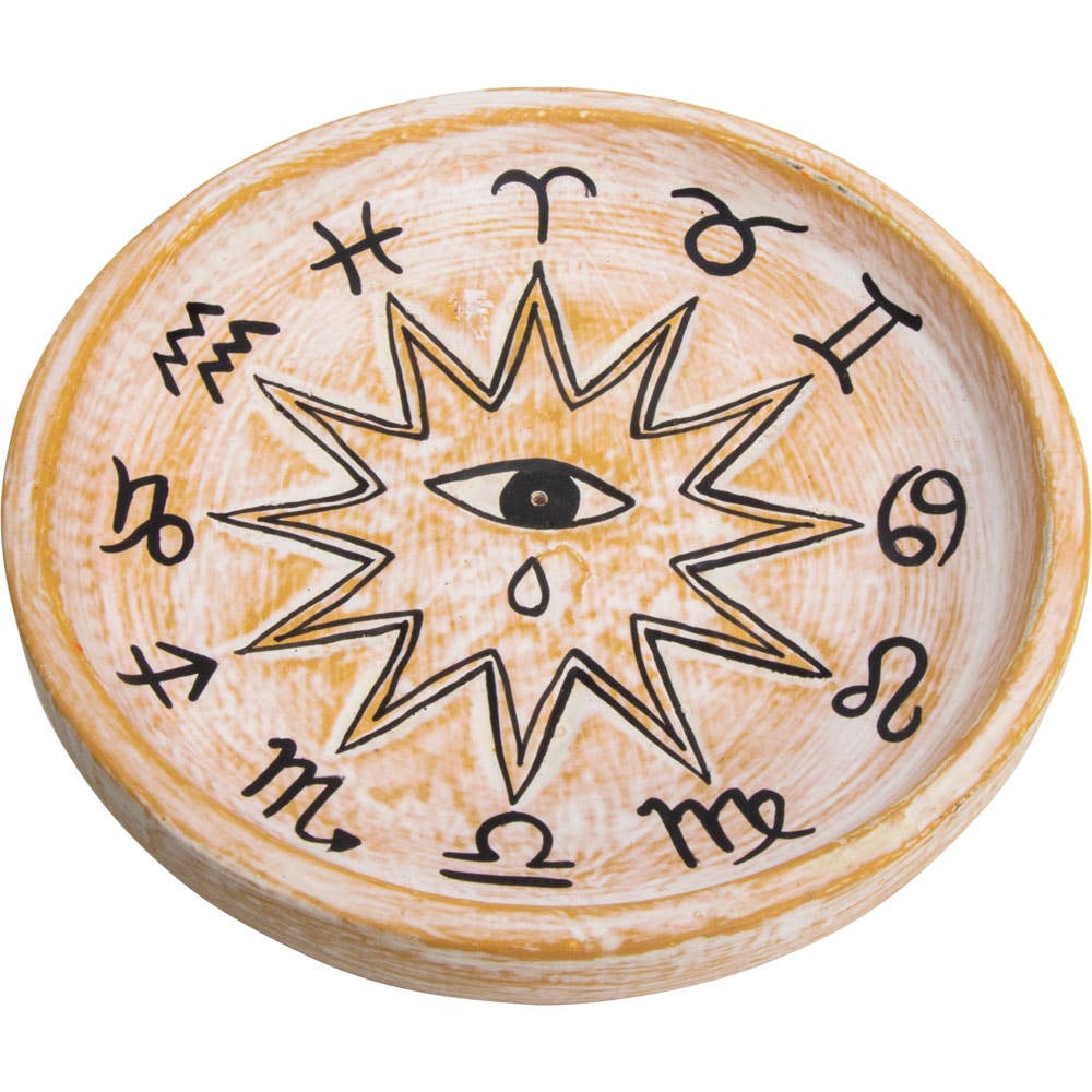 Kheops International - Wood Round Incense Holder White Washed - Zodiac (Each)