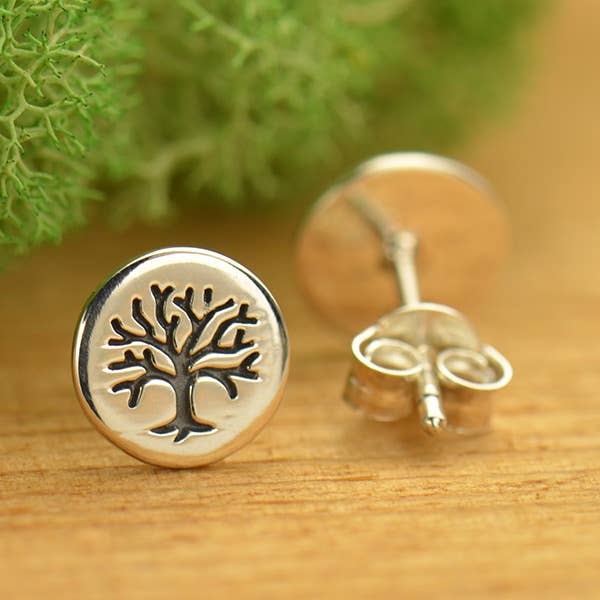 Sterling Silver Stud Earrings - Etched Tree of Life 8x8mm