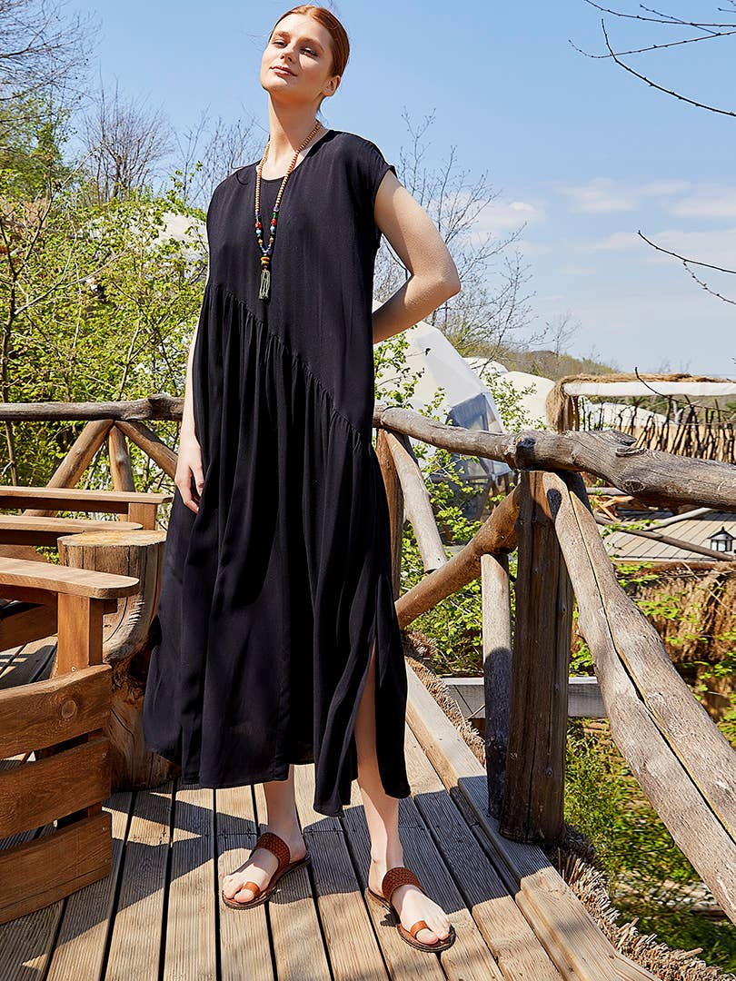 Boho Style Flared Long Slit Black Dress