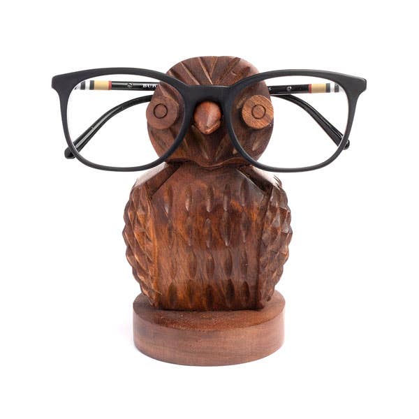 Hand Carved Hoodwink Owl Eyeglass Holder Stand