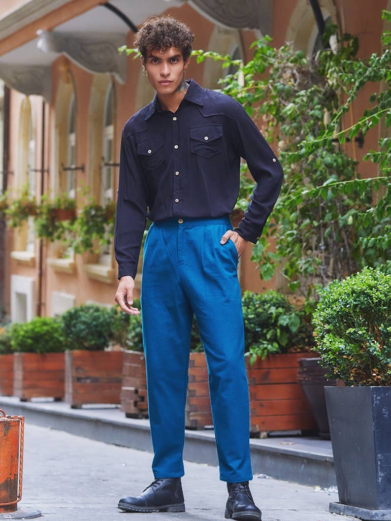 Boho Style High Waist Petrol Cotton Pants for Men