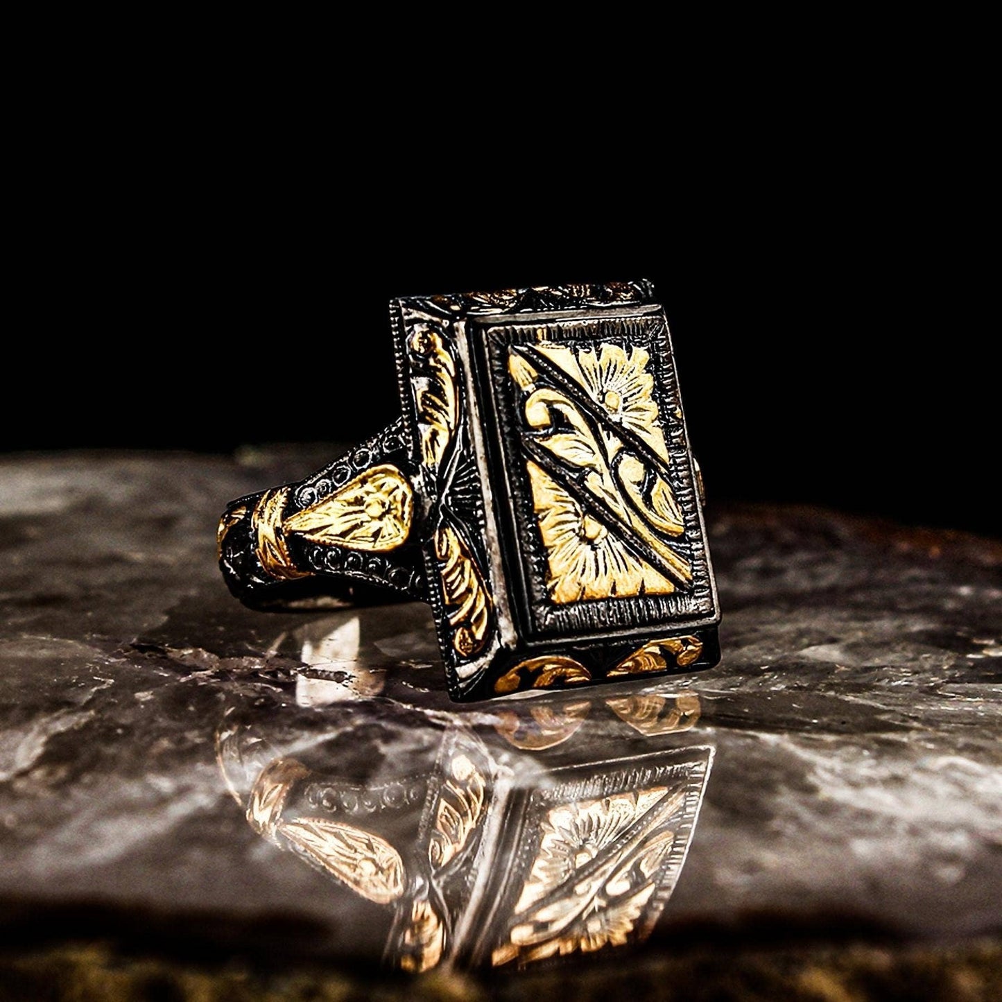 Ephesus Jewelry - Mens Carved Ring Rectangular Gold Plated