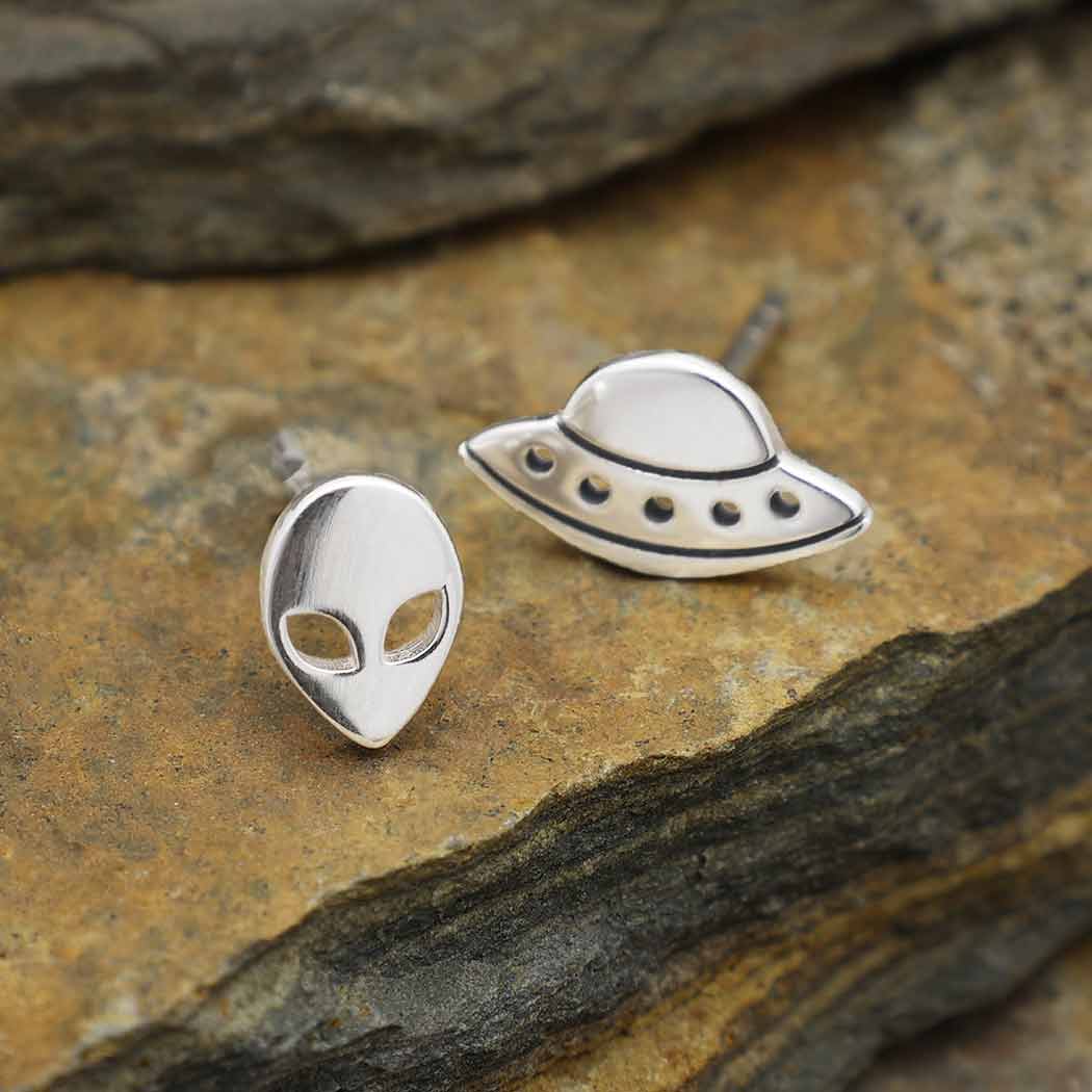 Sterling Silver Mismatched Alien and UFO Post Earrings